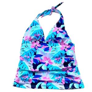 Stella Parker Abstract Floral Halter Tankini Swim Wear Sz. Medium Dress Blue